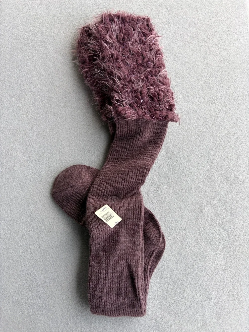Simply Noelle Fuzzy Cuff Knee High Socks in Mauve Plum
